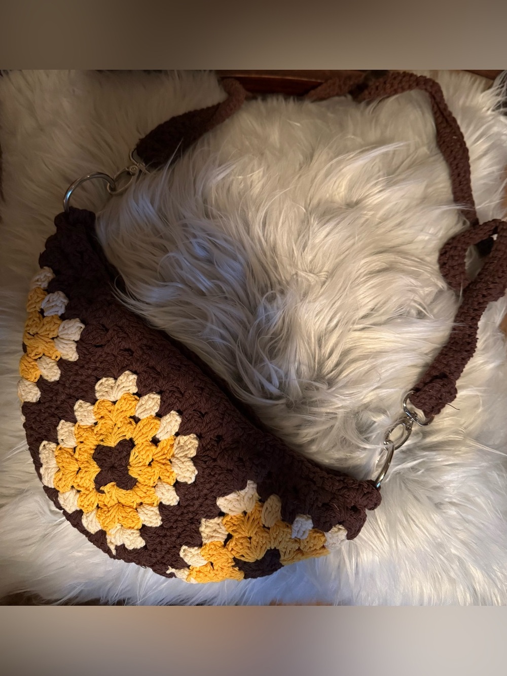Handmade Crochet Brown and Yellow Floral Shoulder/Crossbody Bag. Cute! 🥰